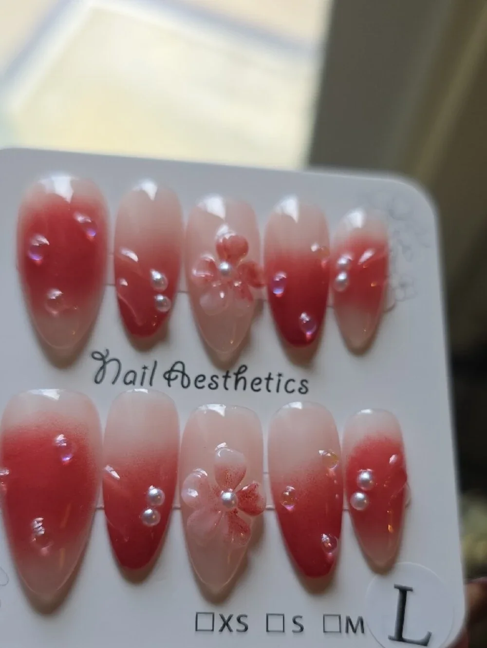 Pink Ombre Press-On Nail Set with Pearls & Floral Accents Size Large